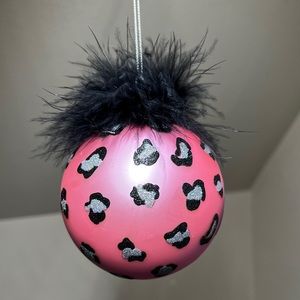 Pink Leopard Sparkle Glass Holiday Ornament Fluffy Feathers Silver Hanger